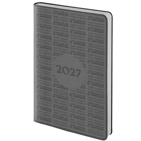 Ежедневник датированный 2027, А5, 138х213 мм, BRAUBERG "Aura", темно-серый, под кожу, гибкий,117930