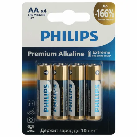 Батарейки алкалиновые "пальчиковые" КОМПЛЕКТ 4 шт., PHILIPS Premium Alkaline, АА (LR6, 24А), блистер
