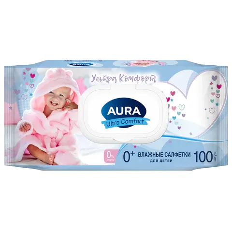Салфетки влажные 100 шт., для детей AURA "Ultra comfort", гипоаллергенные, без спирта, крыш