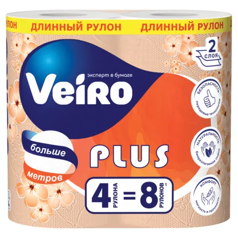Бумага туалетная бытовая, спайка 4 шт., 2-х слойная (4х30 м), VEIRO Standart Plus, белая, 3с24