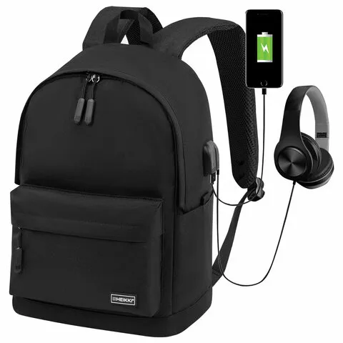 Рюкзак HEIKKI ACTIVE (ХЕЙКИ) универсальный, отделение для ноутбука, USB-порт, черный, 44х31х14 см, 2