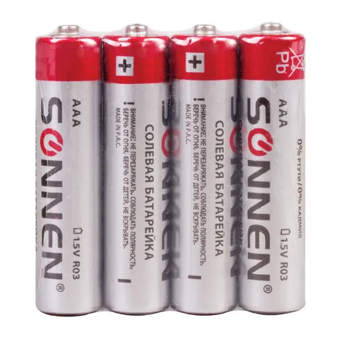 Батарейки SONNEN, AAA (R03, 24А), 1шт, солевые, мизинчиковые, в пленке, 451098, 1/4