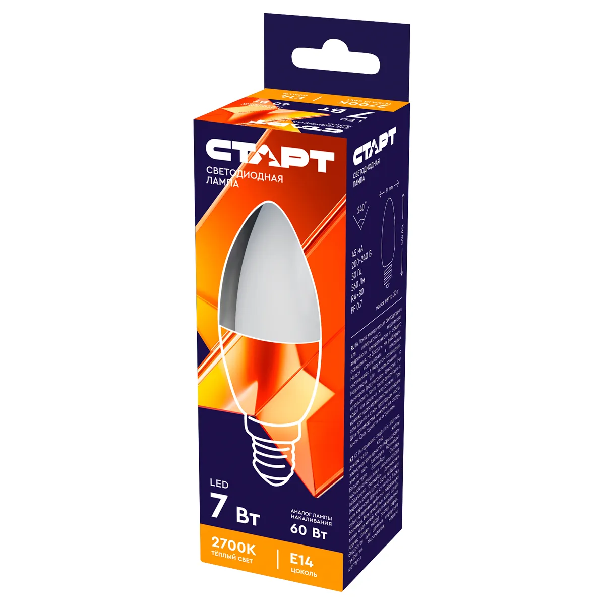 Лампа светодиодная Старт LED, серия "WS" 7W30, тип С "свеча", E14, 2700К, теплый свет, 25000ч