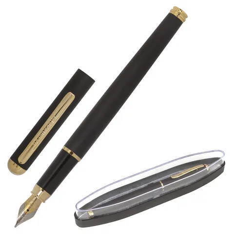 Ручка подарочная перьевая BRAUBERG Maestro, СИНЯЯ, корпус черный с золотистыми деталями, линия письм