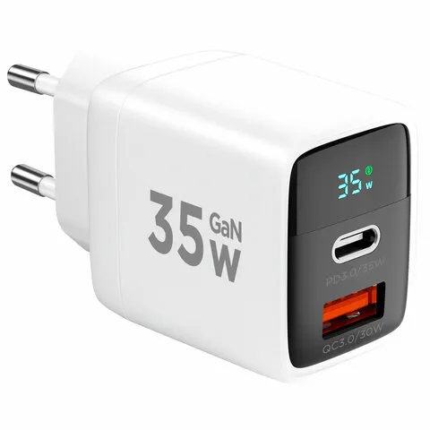 Зарядное устройство сетевое (220В) CABLEXPERT, дисплей, 35 Вт GaN, QC4/PD3, 1хUSB, 1хType-C, MP3A-PC