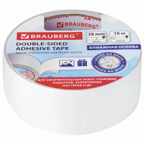 Клейкая двусторонняя лента 38 мм х 10 м, БУМАЖНАЯ ОСНОВА, BRAUBERG, 229056