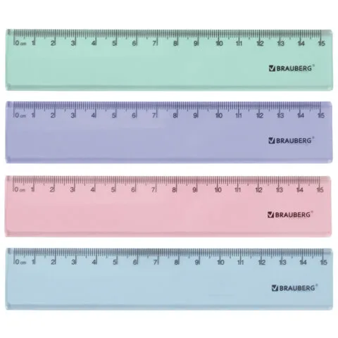 Линейка пластиковая 15 см BRAUBERG "PASTEL", тонированная, ассорти, 117012