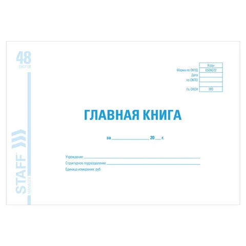 Главная книга, форма ОКУД 0504072, 48 л., картон, блок офсет, А4 (203х285 мм), BRAUBERG/STAFF, 13007