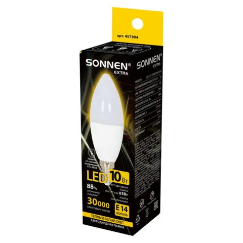 Лампа светодиодная SONNEN EXTRA, 10 (85) Вт, Е14, свеча, теплый белый, 30000 ч, LED C37-10W-2700-Е14