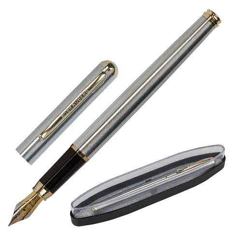 Ручка подарочная перьевая BRAUBERG Maestro, СИНЯЯ, корпус серебристый с золотистыми деталями, линия 