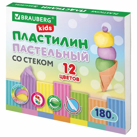 Пластилин классический пастельные цвета BRAUBERG KIDS, 12 цветов, 180 г, стек, 106681