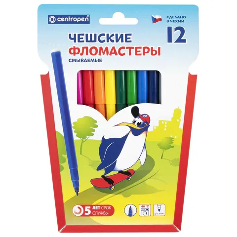 Фломастеры CENTROPEN, 12 цветов, "Пингвины", смываемые, вентилируемый колпачок, полибег, 7790/12