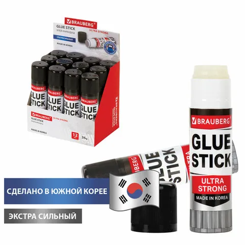 Клей-карандаш BRAUBERG ULTRA STRONG, УСИЛЕННАЯ ФОРМУЛА, 36 г, ЮЖНАЯ КОРЕЯ, 229546