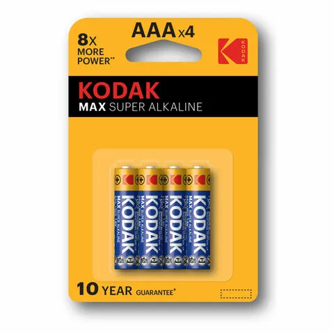 Батарейки алкалиновые "мизинчиковые" КОМПЛЕКТ 4 шт., KODAK Max Super Alkaline, ААА (LR03,15А), блист