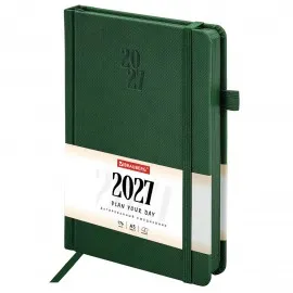 Ежедневник датированный 2027, А5, 138х213 мм, BRAUBERG "Plain" темно-зеленый,под кожу,резинка,118038
