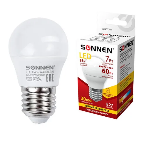 Лампа светодиодная SONNEN, 7 (60) Вт, цоколь E27, шар, теплый белый свет, 30000 ч, LED G45-7W-2700-E