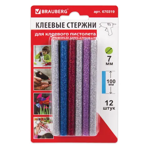 Клеевые стержни, диаметр 7 мм, длина 100 мм, цветные (ассорти), С БЛЕСТКАМИ, набор 12 шт., 6 цветов