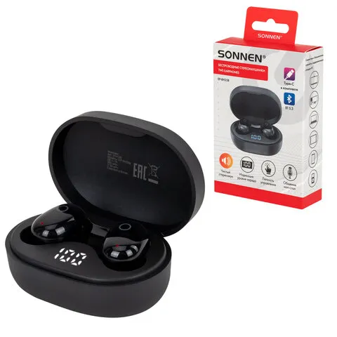 Наушники беспроводные TWS внутриканальные с микрофоном, SONNEN EP-BH25B, Bluetooth 5.3, черные, 5141