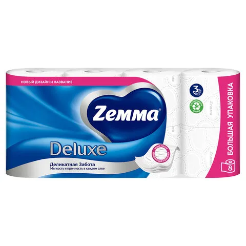 Бумага туалетная Zемма/Zewa "Deluxe" 3-слойная, 8шт., тиснение, белая