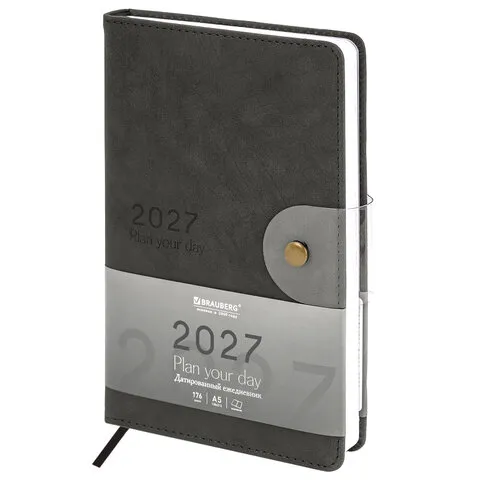 Ежедневник датированный 2027, А5, 138х213 мм, BRAUBERG "Solana" черный, под кожу, кнопка,118218