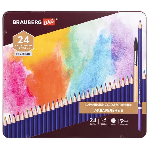 Карандаши художественные цветные акварельные BRAUBERG ART PREMIERE, 24 цвета, грифель 4 мм, металл, 