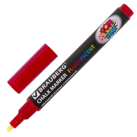 Маркер меловой BRAUBERG "POP-ART", сухостираемый, для гладких поверхностей, 3,5 мм, КРАСНЫЙ, 151521