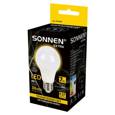 Лампа светодиодная SONNEN EXTRA, 7 (60) Вт, Е27, груша, теплый белый, 30000 ч, LED A60-7W-2700-Е27, 