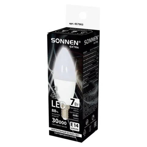 Лампа светодиодная SONNEN EXTRA, 7 (60) Вт, Е14, свеча, нейтральный белый, 30000 ч, LED C37-7W-4000-