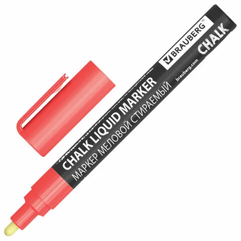 Маркер меловой CHALK LIQUID MARKER, КРАСНЫЙ, 3 мм, стираемый, BRAUBERG "CHALK", 152589