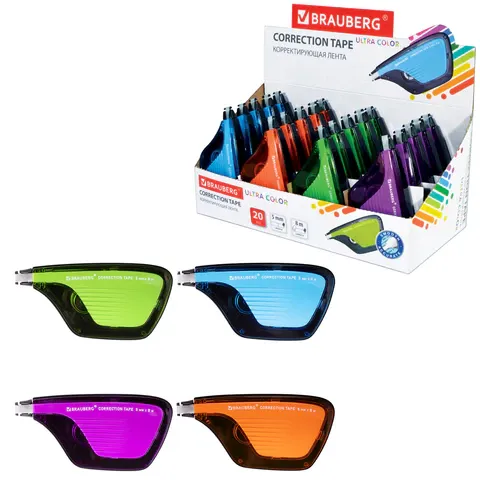 Корректирующая лента BRAUBERG ULTRA COLOR, 5 мм х 8 м, корпус ассорти, дисплей, 229065
