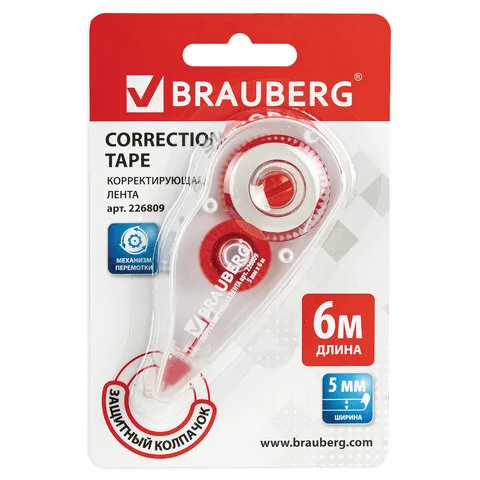 Корректирующая лента BRAUBERG, 5 мм х 6 м, корпус красный, с подкручиванием, блистер, 226809