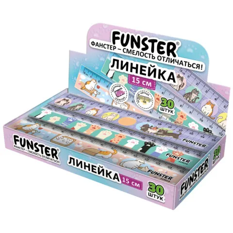 Линейка пластиковая 15 см, FUNSTER (ФАНСТЕР), "КОТЫ", ассорти, дисплей, 210918