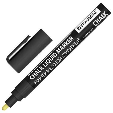 Маркер меловой CHALK LIQUID MARKER, ЧЕРНЫЙ, 3 мм, стираемый, BRAUBERG "CHALK", 152600