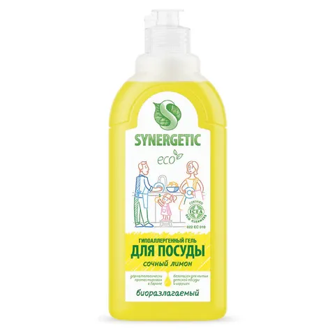 Средство для мытья посуды антибактериальное 500 мл SYNERGETIC "Лимон", дозатор, 103051