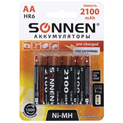 Батарейки аккумуляторные КОМПЛЕКТ 4 шт., АА (HR6), 2100 mAh, SONNEN Ni-Mh, в блистере, 455606