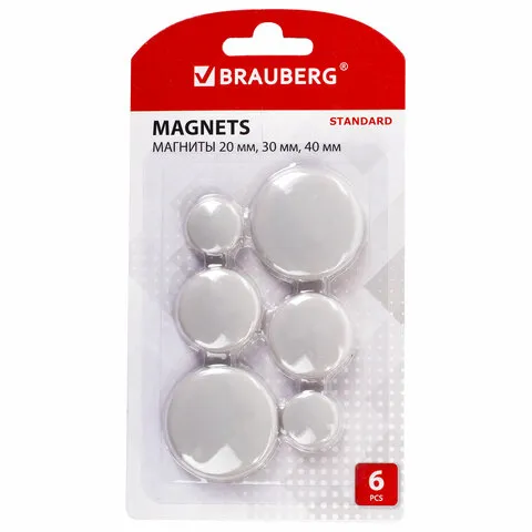 Магниты BRAUBERG "STANDARD", НАБОР 20 мм - 2 шт., 30 мм - 2 шт., 40 мм - 2 шт., серые, BRAUBERG, 237