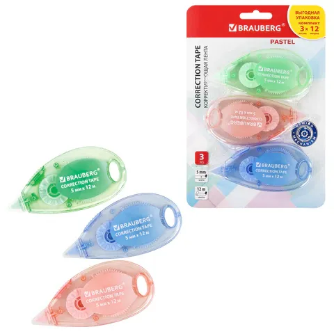 Корректирующая лента BRAUBERG PASTEL, 5 мм x 12 м, механизм перемотки, ВЫГОДНАЯ УПАКОВКА 3 штуки в б