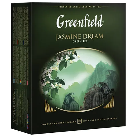 Чай GREENFIELD (Гринфилд) "Jasmine Dream" ("Жасминовый сон"), зеленый с жасмином, 100 пакетиков в ко