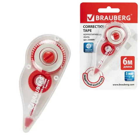 Корректирующая лента BRAUBERG, 5 мм х 6 м, корпус красный, с подкручиванием, блистер, 226809