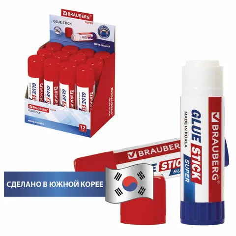 Клей-карандаш BRAUBERG SUPER, 36 г, ЮЖНАЯ КОРЕЯ, 229543
