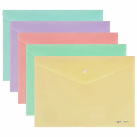 Папка-конверт с кнопкой А4, КОМПЛЕКТ 5 шт., пастельные цвета ассорти, BRAUBERG "PASTEL", 0,18 мм, 27