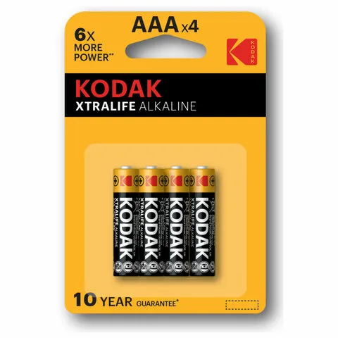 Батарейки алкалиновые "мизинчиковые" КОМПЛЕКТ 4 шт., KODAK Xtralife Alkaline, ААА (LR03,15А), блисте