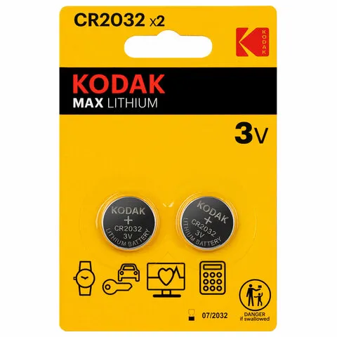 Батарейки литиевые KODAK Max Lithium CR2032 "таблетки, дисковые, кнопочные" КОМПЛЕКТ 2 шт., блистер,