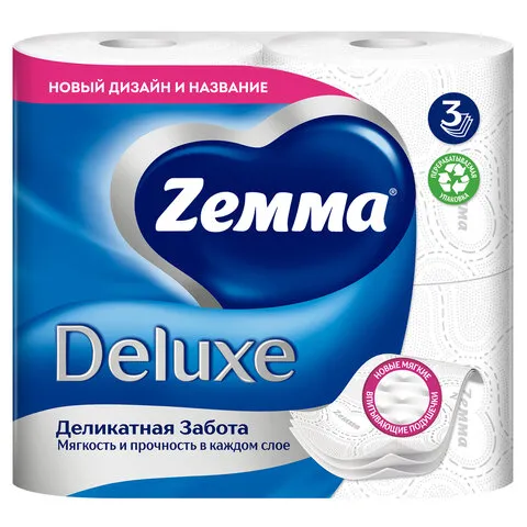 Бумага туалетная Zемма/Zewa "Delux" 3-слойная, 4 шт. (4х19 м), белая, 3228