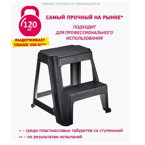 Стремянка-табурет, 2 ступени, стационарная, пластиковая, нагрузка 120 кг, вес 2,4 кг, серая/графит, 