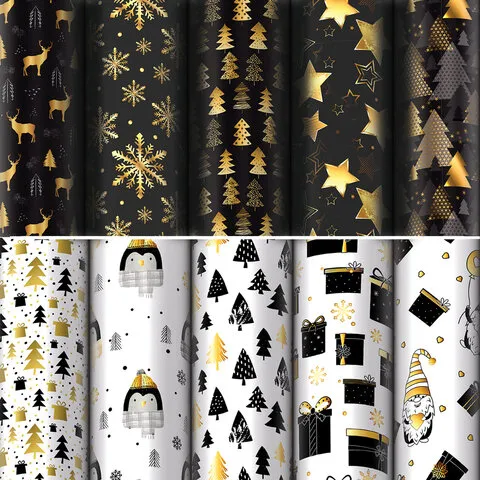 Бумага упаковочная новогодняя "Black.Gold.White", 70х100 см, 10 дизайнов ассорти, ЗОЛОТАЯ СКАЗКА, 59