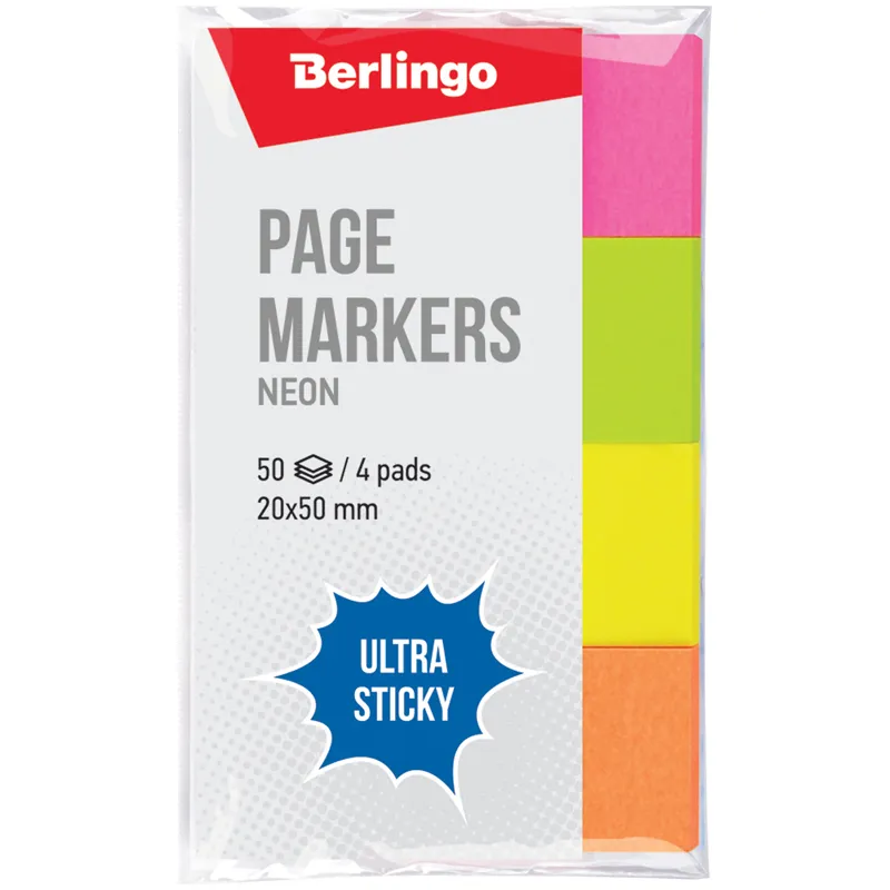 Закладки Berlingo "Ultra Sticky", 20*50мм, 50л*4 неоновых цвета