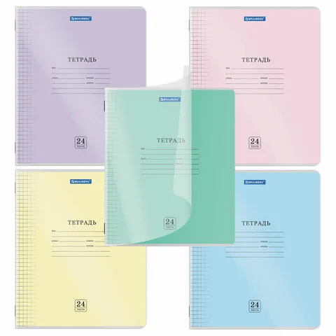 Тетрадь обложка пластик (прозрачный) 24 л., клетка, BRAUBERG "Smart Cover", АССОРТИ (в спайке), 4050