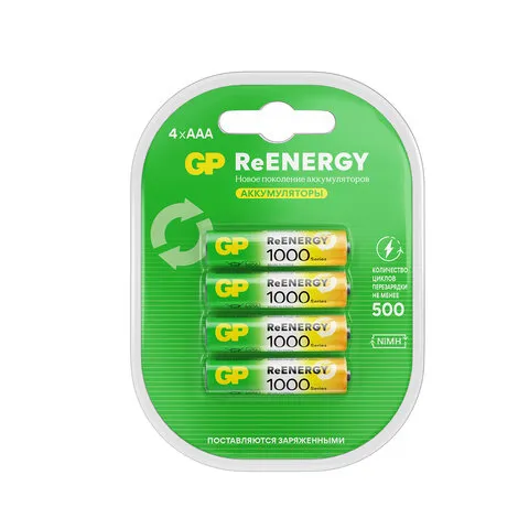 Батарейки аккумуляторные GP ReEnergy Ni-Mh мизинчиковые КОМПЛЕКТ 4 шт., ААА (HR03), 950 mAh, 100AAAH