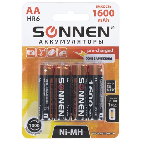 Батарейки аккумуляторные КОМПЛЕКТ 4 шт., АА (HR6), 1600 mAh, SONNEN Ni-Mh, в блистере, 455605